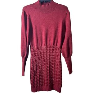 Burgundy Mock‎ Neck Puff Sleeve Fitted Mini Cable Knit Sweater Dress Size Medium